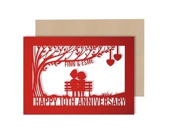 Personalised 10 Year Wedding Anniversary Card.  10th Wedding anniversary paper cut card Tin Anniversary Card for couples