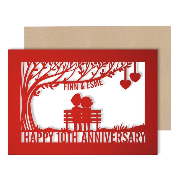 Personalised 10 Year Wedding Anniversary Card.  10th Wedding anniversary paper cut card Tin Anniversary Card for couples