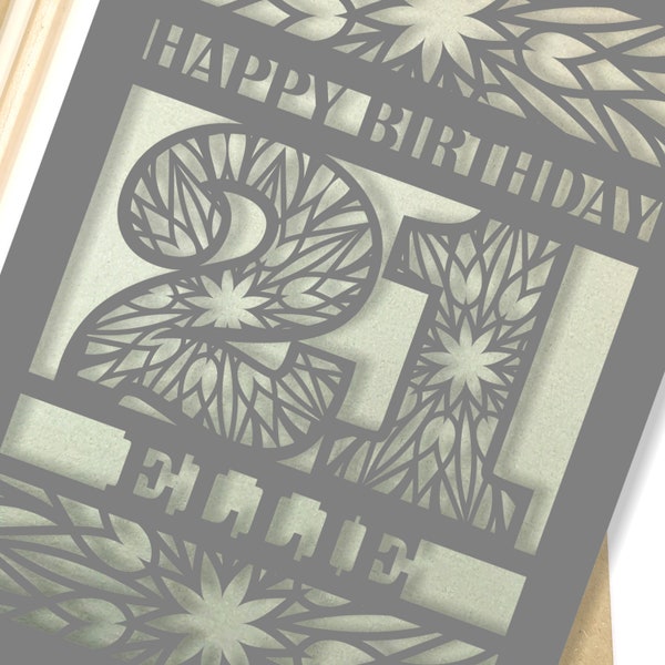 Personalised 21st Papercut Birthday Card with the name of your choice. Or add any Age, 18, 21, 30, 40, 50, 60, 70, 75, 80
