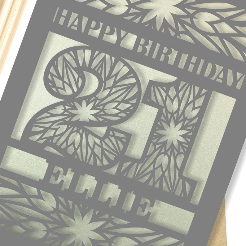 Personalised 21st Papercut Birthday Card with the name of your choice. Or add any Age, 18, 21, 30, 40, 50, 60, 70, 75, 80 image 1