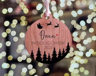 Welsh Nadolig Cyntaf Personalised Decoration, Baby's First Christmas Decoration, Christmas Ornament 2023, Custom Bauble Wood or Acrylic