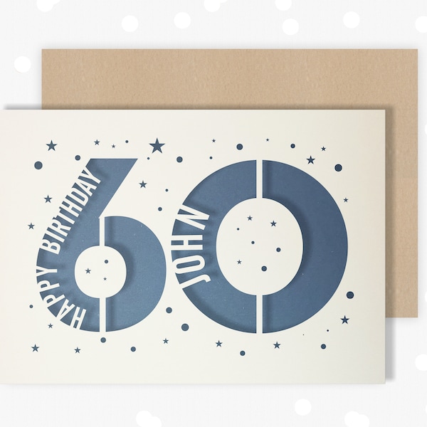 60 th Papercut Personalised Birthday Card Star design with the name your choice. Card for Dad , card for him