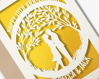 Personalised 10 Year Wedding Anniversary Card.  10th Wedding anniversary paper cut card Tin Anniversary Card for couples silhouette tree