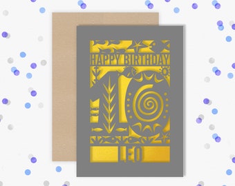 Personalised 10th Papercut Birthday Card Fish design with the name your choice. Grandson, nephew, son, Brother 10