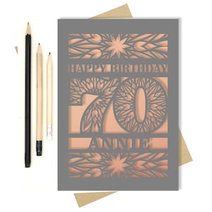 Personalised 70th Papercut Birthday Card with the name of your choice. Or add any Age, 18, 21, 30, 40, 50, 60, 70, 75, 80