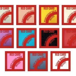 May include: Twelve red card-shaped swatches with different colors and finishes. Each card has the text "RED CARD" and a description of the color and finish, such as "PEARLESCENT SILVER" or "MATT CANDY PINK".