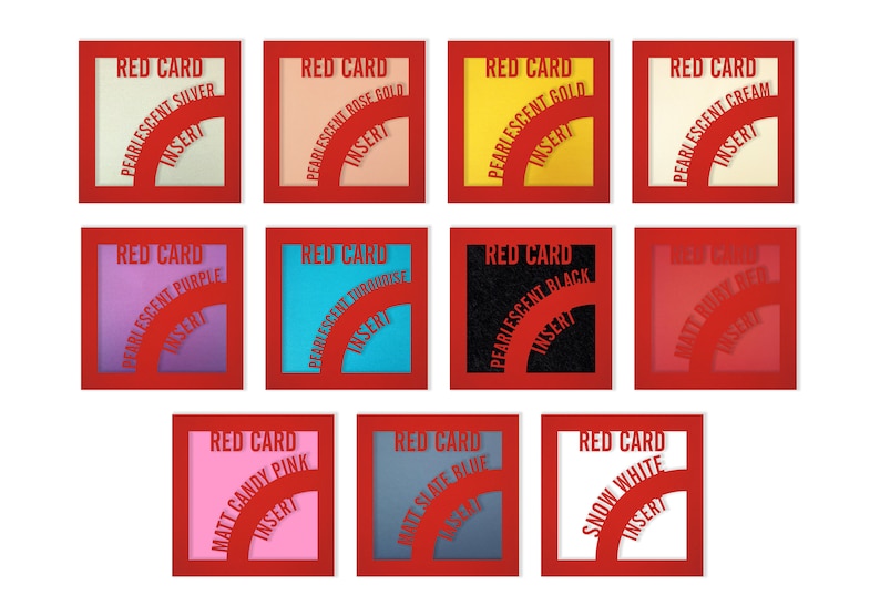 May include: Twelve red card-shaped swatches with different colors and finishes. Each card has the text "RED CARD" and a description of the color and finish, such as "PEARLESCENT SILVER" or "MATT CANDY PINK".