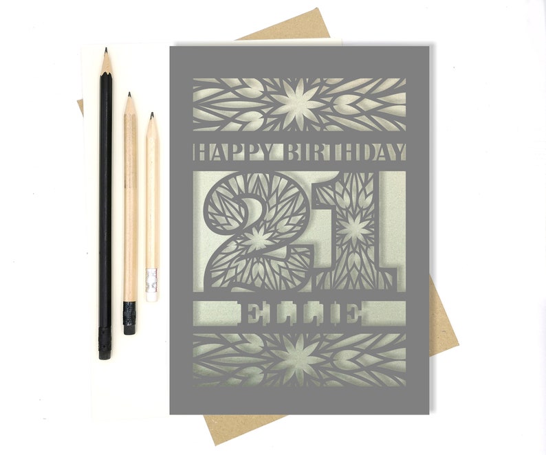Personalised 21st Papercut Birthday Card with the name of your choice. Or add any Age, 18, 21, 30, 40, 50, 60, 70, 75, 80 image 2