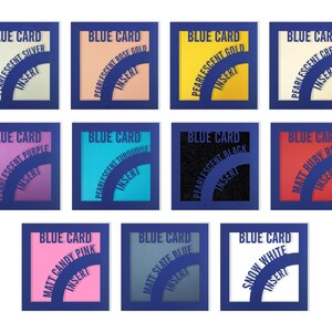 May include: Twelve blue card inserts with different colors and finishes. The cards are labeled with the color and finish, such as "Pearlescent Silver" and "Matt Candy Pink".