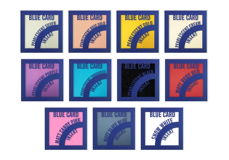 May include: Twelve blue card inserts with different colors and finishes. The cards are labeled with the color and finish, such as "Pearlescent Silver" and "Matt Candy Pink".