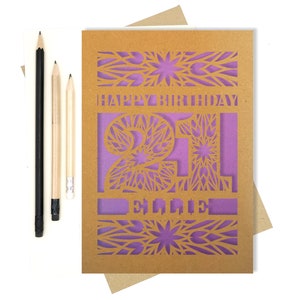 Personalised 21st Papercut Birthday Card with the name of your choice. Or add any Age, 18, 21, 30, 40, 50, 60, 70, 75, 80 image 3