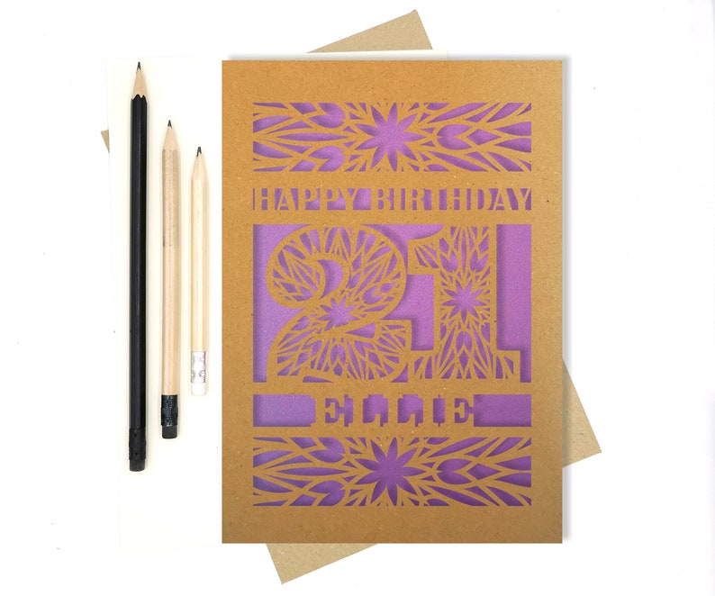 Personalised 21st Papercut Birthday Card with the name of your choice. Or add any Age, 18, 21, 30, 40, 50, 60, 70, 75, 80 image 3