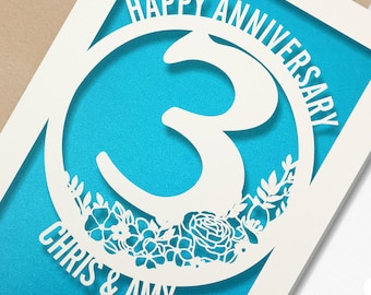 Personalised Papercut 3 Year Wedding Anniversary Card.  3rd Wedding anniversary paper cut card three years  Leather Anniversary