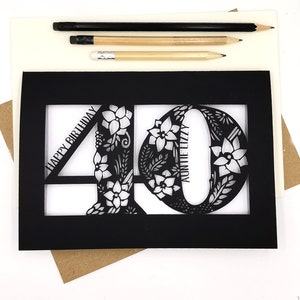 40th Birthday Card Personalised Papercut Floral design with flowers, leaves and delicate swirls