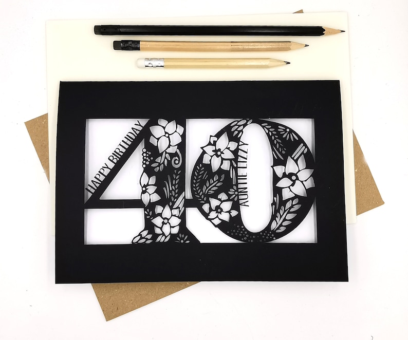 40th Birthday Card Personalised Papercut Floral design with flowers, leaves and delicate swirls image 1