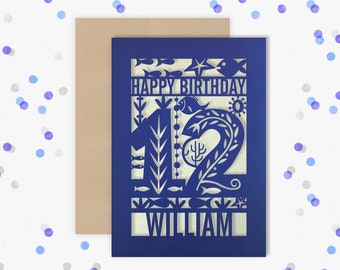 Personalised 12th Papercut Birthday Card Fish design with the name your choice. Grandson, nephew, son, Brother 12