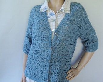 Crochet Cardigan Sweater, Blue Alpaca Cardigan, Hand-Crocheted Cardigans for Women, Gift for Her, Slate Blue Cardigan, Mom Gift, Size L