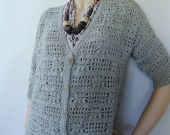 Crochet Cardigan Gray Alpaca, Cardigans for Women, Crochet Tops, Gift for Her, Mother's Day Gift, Mom Gift, Available in sizes M and L