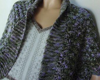 Crochet Shrug, Shawls and Wraps, Wool Silk Cashmere Blend Wrap, Crochet Shawls, Forest Green/Lilac Shrug, Thinking-of-You Gift, Wife Gift