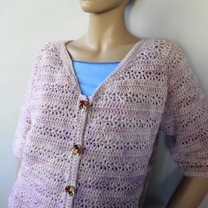 Crochet Merino Wool Cardigan: Rose Garden Pink, Size L