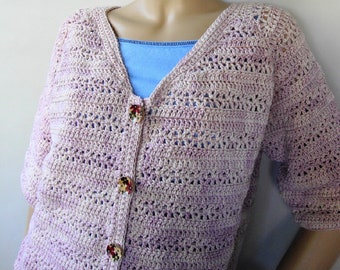 Women's Cardigan, Crochet Cardigan,  Pink Merino Wool Cardigan, Rose Garden Cardigan, Mom Gift, Gift for Her, Mother's Day Gift, Size L
