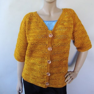 Saffron Yellow Crochet Merino Wool Cardigan - Women&#39;s Size L
