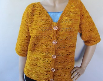 Crochet Cardigan Saffron Yellow Merino Wool, Cardigan Women, Cardigans for Women, Crocheted Cardigans, Gift for Her, Available in L