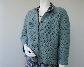 Women's Cardigan, Crochet Cardigan, Merino Wool Cardigan, Blue Green Cardigan for Women, Crochet Jacket, Gift for Her, Wife Gift, Size L