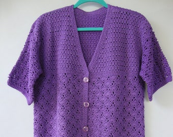 Cardigan Women, Hand-Crocheted Cotton/Bamboo Cardigan, Purple Cardigan, Summer Top, Crochet Top, Crochet Tops Women, Gifts for Her, Size L