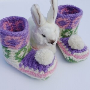 Crochet Booties, Non Skid Slipper Socks, Easter Bunny Booties, Felted Booties, Felt Wool Booties, Gift for Her, Available in XS and S