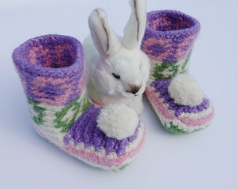 Crochet Booties, Non Skid Slipper Socks, Easter Bunny Booties, Felted Booties, Felt Wool Booties, Gift for Her, Available in XS and S