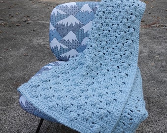 Crochet Blanket, Couple Gifts, Light Blue Blanket, Wool Blend Blanket, Small Throw, Hand Crocheted Throw, Fireside Blanket, Popcorn Blanket