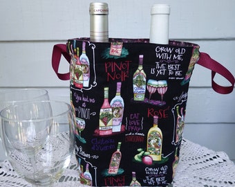 Wine Bag for 2 Bottles, Gift for Wine Lover, Fabric Wine Tote Bag, Pinot Noir Tote Bag, Drawstring Gift Bag, Gift for Friend, Mom Gift