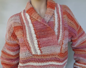 Hand Crocheted Wool Blend Sweater: Orange Striped Shawl Collar