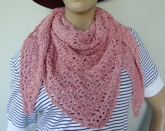 Crochet Pink Scarf, Triangle Cotton Scarf, Shawlette, Miss-You Gift, Thinking-of-You Gift, Neckerchief, Pink Triangular Scarf, Sister Gift