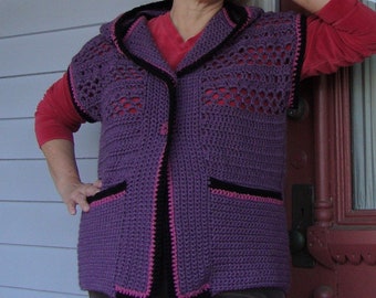 Women's Sweater Vest Hooded Vest, Purple Sweater Vest, Crochet Sweaters Women, Crocheted Sweaters, Gift for Her, Mom Gift, Available in L