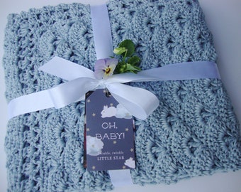 Crochet Baby Blanket, Baby Blue or Lilac Orchid Cotton Baby Blanket, Organic Cottontail Blanket, Gift for Baby Boy or Girl, Baby Shower Gift