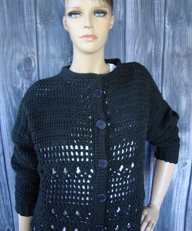 Women's Cardigan, Crochet Cardigan, Black Cotton Cardigan, Crocheted