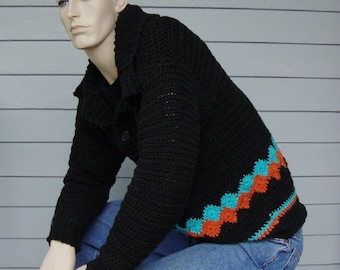 Men's Sweater, Black Cotton Sweater, Men's Crochet Sweater, Gift for Him, Husband Gift, Dad Gift, Available in M and L/XL