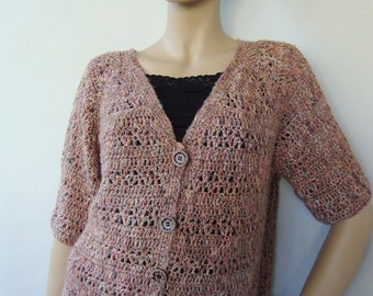 Sweaters Women, Crochet Cardigan Sweater, Crochet Top, Orange Beige Cardigan, Silk-Linen Top, Gifts for Her, Available in Sizes S/M and M