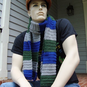 Hand Crocheted Merino Wool Scarf: Striped Blue Gray Green Unisex Design