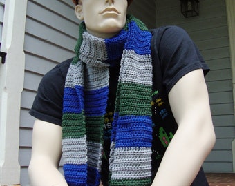 Hand Crocheted Merino Wool Scarf: Striped Blue Gray Green Unisex Design