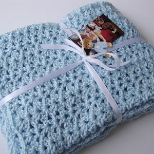 My most popular baby boy blanket, hand crocheted, easy-to-care acrylic, machine washable. Gets softer in each wash.