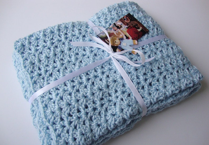 My most popular baby boy blanket, hand crocheted, easy-to-care acrylic, machine washable. Gets softer in each wash.