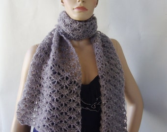 Crochet Mohair Sequined Lace Scarf, Smoky Lilac Scarf, Hand Crocheted Scarf, Mom Gift, Gift for Her, Wife Gift, Sister Gift, Grandma Gift