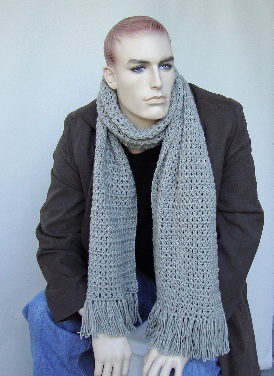 Crochet Wool Scarf Crocheted Scarves Unisex Scarf Gray Etsy