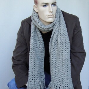 Hand-Crocheted Wool Scarf: Unisex Gray Fringed Scarf