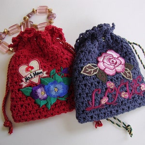 Crocheted Gift Bag, Jewelry Pouch, Gift Bag, Gift for Mom, Mother's Day Jewelry Pouch, Drawstring Pouch, Red and Blue Sold as a Pair