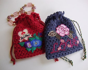 Crocheted Gift Bag, Jewelry Pouch, Gift Bag, Gift for Mom, Mother's Day Jewelry Pouch, Drawstring Pouch, Red and Blue Sold as a Pair