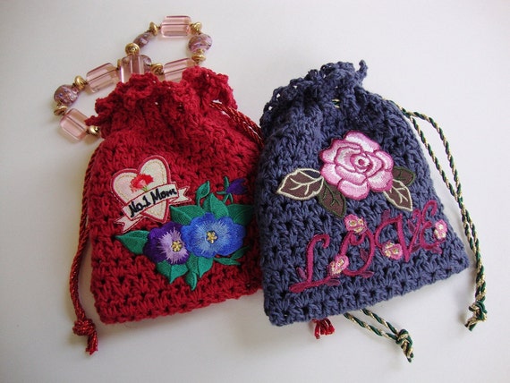 Crocheted Gift Bag Set: Floral Applique Cotton Hemp Drawstring Pouches